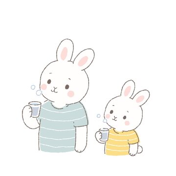 親子でうがいをするかわいいウサギのイラスト　感染予防・風邪予防・健康習慣