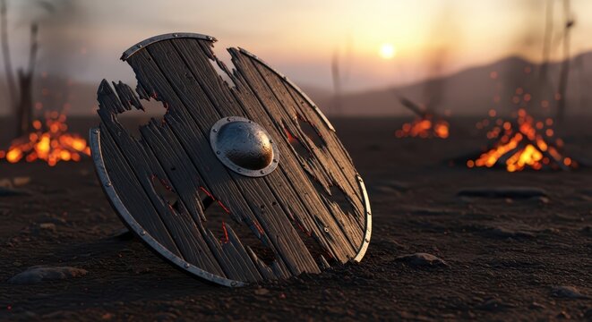 A weathered, battle-damaged viking shield rests in desolate terrain with bonfires burning at sunset, evoking a scene of historical conflict or afterma