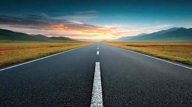 Open road leading to a distant horizon under a colorful sky at sunset with mountains and fields on either side