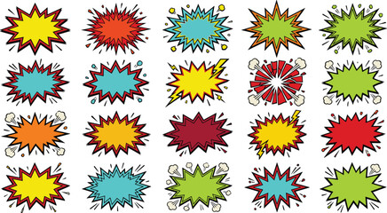 Colorful Comic Explosion Burst Shapes Collection with Pop Art Speech Effects, Dynamic Starburst Frames, and Cartoon Boom Labels Vector Set © MstSuborna