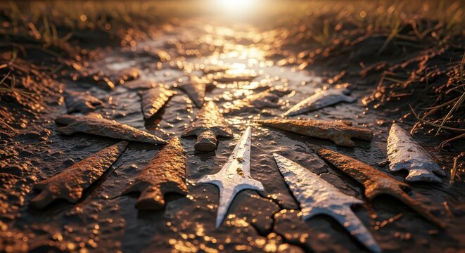 Collection of ancient arrowhead artifacts scattered on the muddy ground, illuminated by the warm glow of sunset