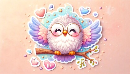 Fototapeta premium Cute pastel owl sticker with colorful wings and hearts. Whimsical cartoon bird illustration for digital scrapbooking and crafts.