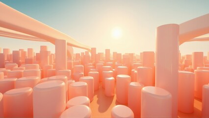 Fototapeta premium Abstract cityscape. Peach tones dominate, cylindrical structures extend toward horizon. Soft light creates futuristic feel. Minimalist design.