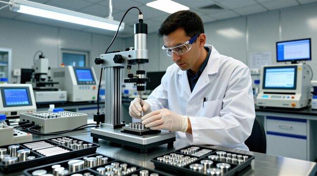 Male researcher in white lab coat uses hardness tester machine to analyze metal samples at industrial facility. Scientist wears safety goggles plus gloves during material testing process. Pro