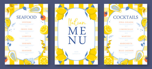 Obraz na płótnie Canvas Mediterranean Italian summer restaurant menu design with lemons, seafood and tomatoes. Flat design. Vector illustration