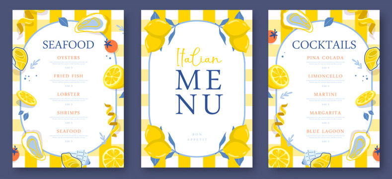 Mediterranean Italian summer restaurant menu design with lemons, seafood and tomatoes. Flat design. Vector illustration