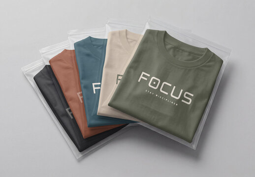 Folded T-Shirt Mockup Set in Transparent Plastic Bag