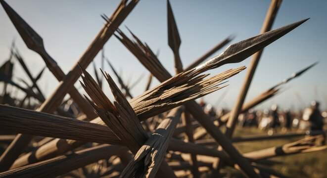 Ancient wooden sharpened spears forming a defensive barrier, military historical reenactment, close-up view
