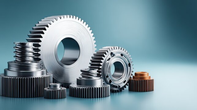 Various Metallic Gears and Cogs in Different Sizes on a Soft Blue Background for Industrial and Mechanical Themes