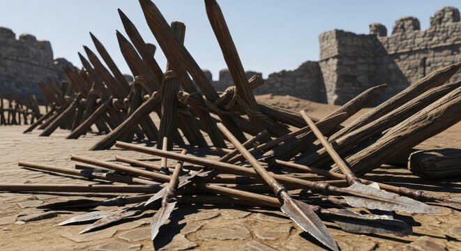 Ancient wooden sharpened stakes and spearheads piled on dusty ground with a stone fortress wall in the background, defensive barrier.