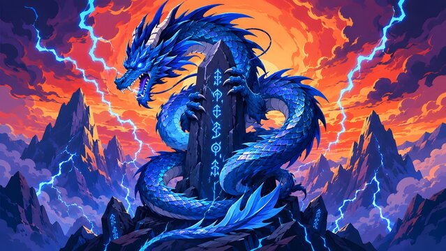 Majestic blue fantasy dragon coiled on a mountain peak during lightning sunset