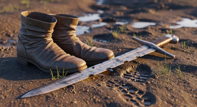 A weathered medieval sword and worn leather boots resting on muddy ground with footprints and puddles, evoking a sense of adventure and historical com