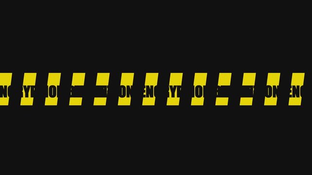 Encryption warning caution tape motion animation 4k background, with scrolling text, and industrial yellow, and black hazard stripes