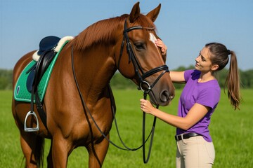 Obraz premium Young woman puts black leather bridle on brown horse in green pasture. Female rider prepares equestrian animal for riding outdoors. Horsewoman holds harness, petting horse head in field. Care,