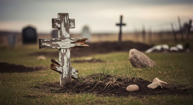 A weathered, rustic wooden cross marking a grave in a desolate cemetery at dusk, evoking a somber and reflective mood