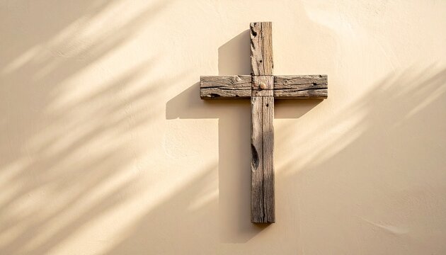 Rustic Wooden Cross Hanging on Beige Wall with Sunlight and Shadows