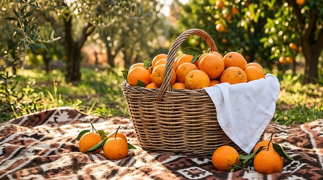 Fresh oranges in a wicker basket on a picnic blanket