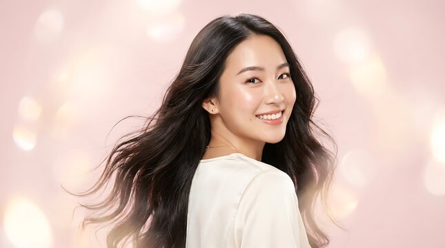Happy young asian woman with beautiful long hair smiling