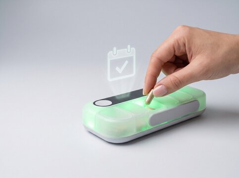 Hand taking medicine from glowing smart pillbox with holographic calendar icon