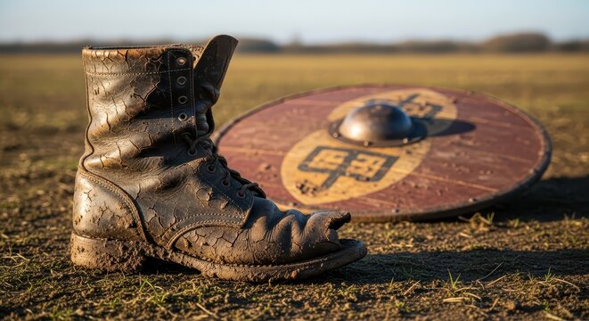 A single dirty, weathered medieval boot and a round viking shield lie on the ground in a field