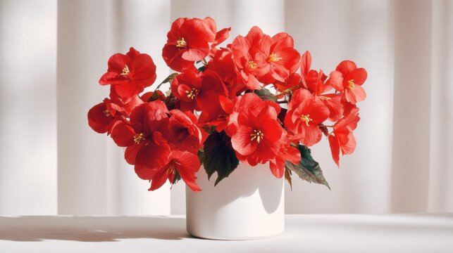 Vibrant Red Begonias in White Ceramic Pot Against Soft Draped Background