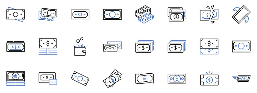 Money Editable Stroke Line Icons Set. Cash Payment, Dollar Bills, Banknote Stack, Money Wallet and Broken Money Vector Illustration