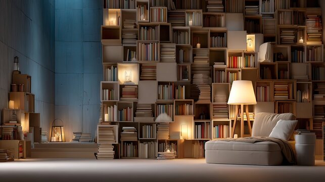 Cozy reading nook with modern furniture, warm ambient lighting, and a wall of books in a serene interior setting