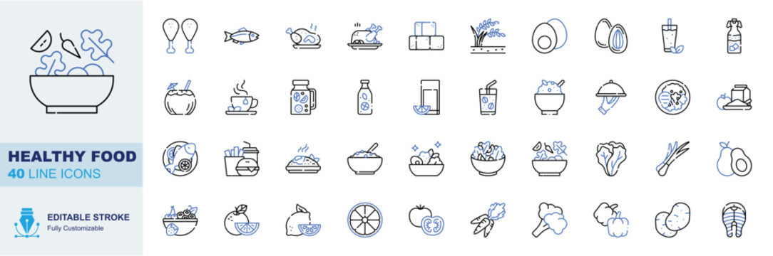 Healthy Food Editable Stroke Line Icons Set. Salad Bowl, Chicken Legs, Grilled Fish, Roast Chicken and Tofu Vector Illustration