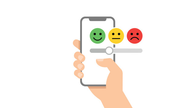 Customer feedback survey and mobile app rating with emoji icons in flat vector illustration for user experience research and digital marketing analysis
