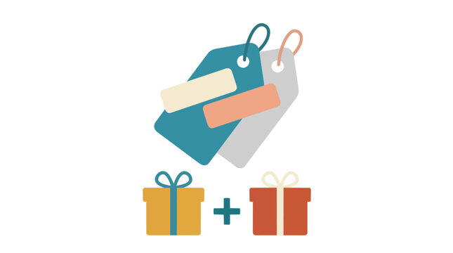 Shopping discount tags and gift box bundle flat vector illustration for retail promotion and e-commerce marketing campaigns