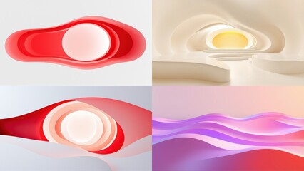 Fototapeta premium Abstract backgrounds, vibrant colors, smooth shapes. Four panels display flowing designs, gradients, soft lighting. Modern aesthetic.