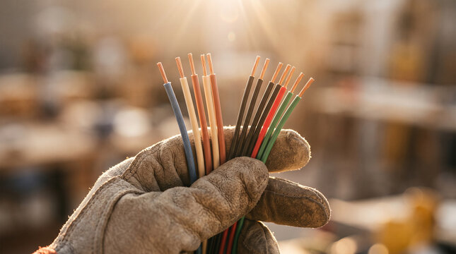 Gloved hand holding multicolored electrical wires
