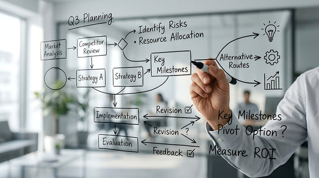 Business professional drawing a complex project management flowchart on a glass wall in a modern office.