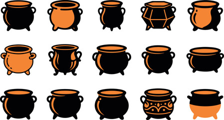 Set of various hand drawn cauldron illustrations for witchcraft magic potions and fantasy themed graphic design projects © MDOLIUR