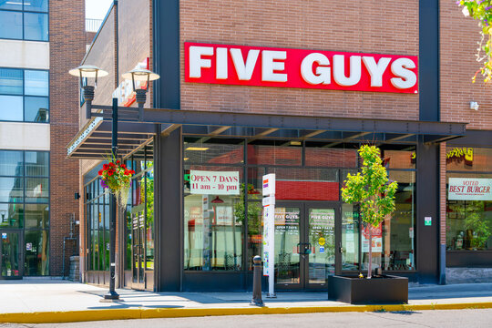 oronto, ON, Canada - Jun, 28, 2026: Exterior view of Five Guys restaurant located in Stock Yards Plaza, an American fast‑casual burger and fries restaurant with over 1,800 locations worldwide