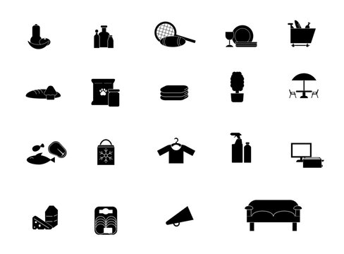 Conjunto de iconos o s&iacute;mbolos de supermercado en blanco y negro. Silueta de ropa, deporte, tecnolog&iacute;a, limpieza, muebles y comestible para logotipo, app, folleto, sitio web y otros.