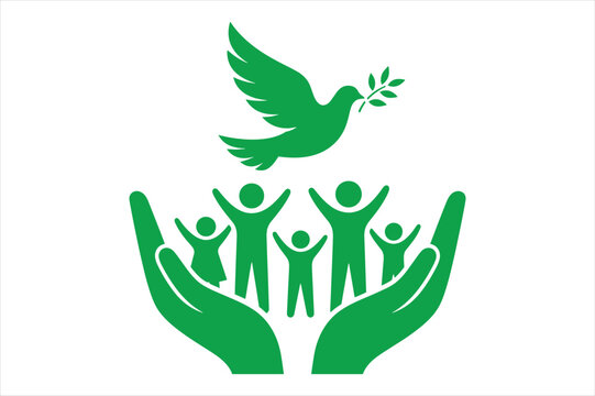 Green dove of peace holding olive branch over hands protecting people