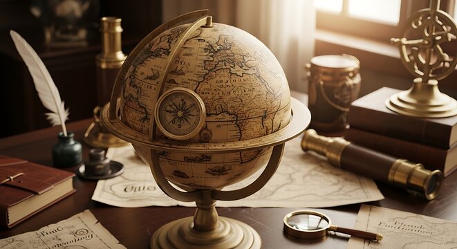 Vintage world globe and antique navigation tools on a wooden desk study