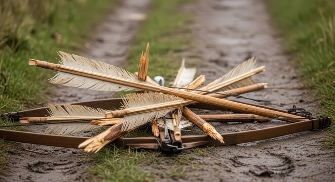 Antique wooden longbow and feathered arrows lying on a muddy path in nature, representing traditional archery and outdoor recreation