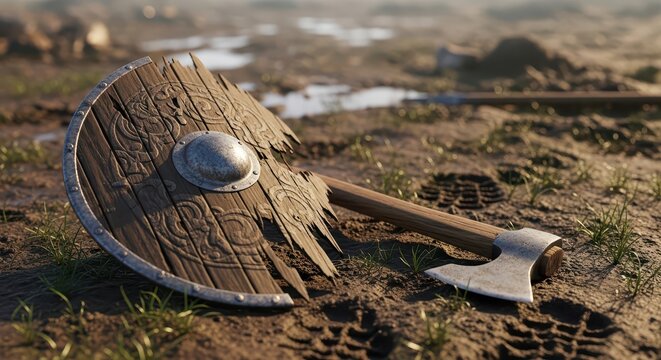 Battle-worn Viking shield and axe lying on muddy ground, signifying aftermath of combat and historical warfare