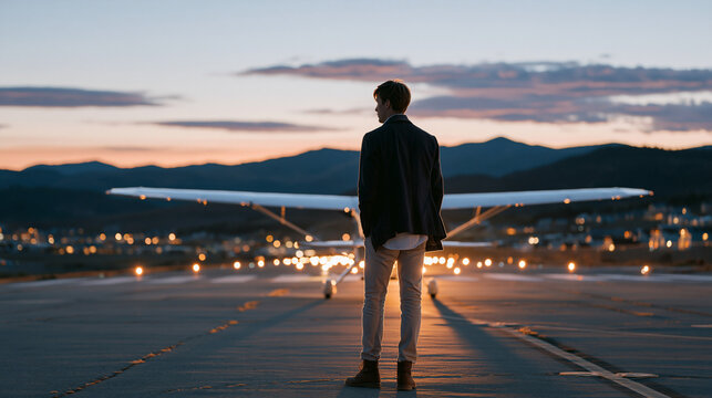 A flight instructor stands outside a grounded training aircraft at twilight blue hour, the runway lights casting long shadows across tarmac after a lesson ends, affordable land