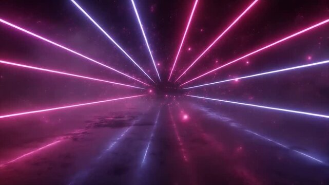 Pulsing magenta pink and violet neon light beams with floating particle dust for nightclub VJ background