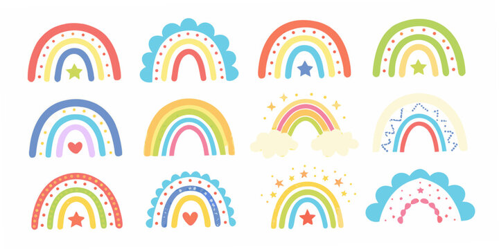 Hand Drawn Rainbow Collection With Stars And Hearts Colorful Vector Illustration