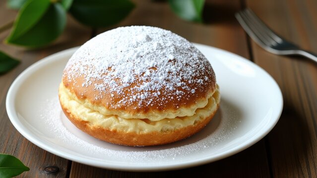 Dusted Delight: A freshly baked pastry, dusted with powdered sugar and filled with a creamy custard, sits invitingly on a white plate, ready to be savored.