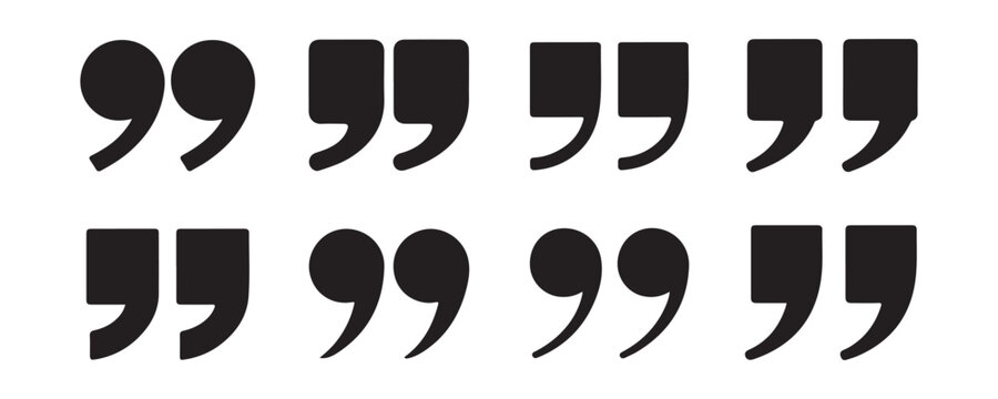 Black quotation mark icon set for quote text bubble isolated on transparent background vector design.