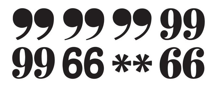 Set of black quote mark icons, asterisks, isolated on transparent background, for text and citations.