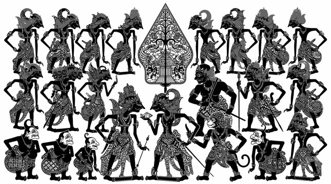Complete Collection of Traditional Javanese Wayang Kulit Puppet Characters Vector Illustration Set