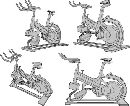 Realistic fitness bicycle simulator 3D render displaying ergonomic design, multi-grip handlebars, and textured flywheel for home gym design and sports training visualization