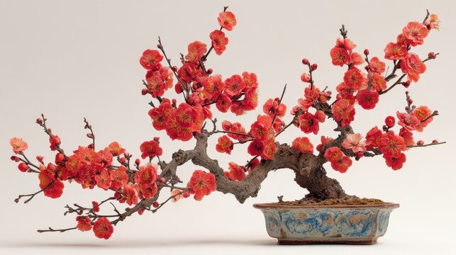 Stunning Red Flowering Bonsai Tree in Traditional Blue Pot Against Neutral Background