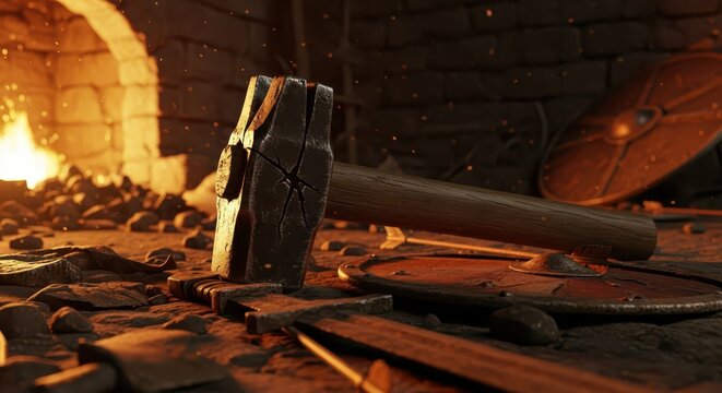 Blacksmith's Hammer and Shield in a Forge with Glowing Fire and Sparks, Medieval Weaponsmith Crafting Scene